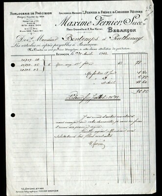 BESANCON (25) PRECISION WATCHMAKING ''CRESSIER / Maxime FERNIER'' invoice in 1913