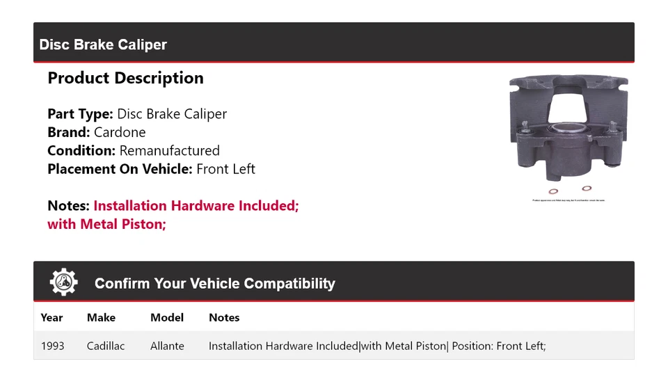Pinza de freno de disco delantera izquierda cardone para Cadillac Allante 1993 Foto 2 de 4