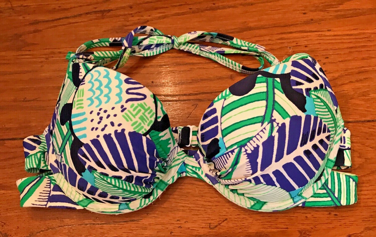 34C Aerie Brooke Tie Padded Underwire Floral Leaf Bikini Top Blue Green  Ivory