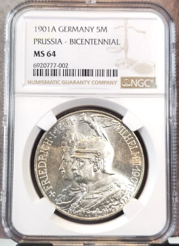 1901 GERMANY SILVER 5 MARK 5M PRUSSIA BICENTENNIAL NGC MS 64 RARE BEAUTIFUL BU