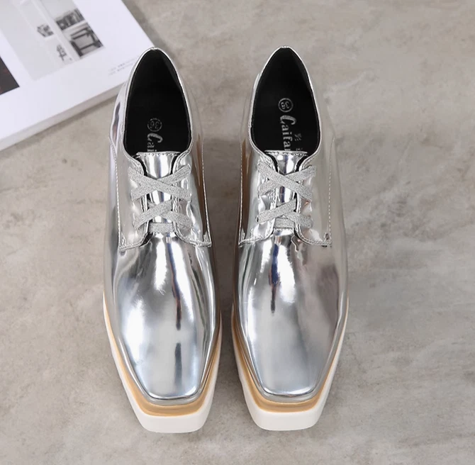 Womens Brogue New Patent Leather Wedge Heels Creepers Punk Shoes Pumps Plus Size - Image 3 of 4