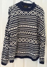 Vintage Eddie Bauer Chunky Cotton Sweater Mock Neck Abstract Pattern Blue White