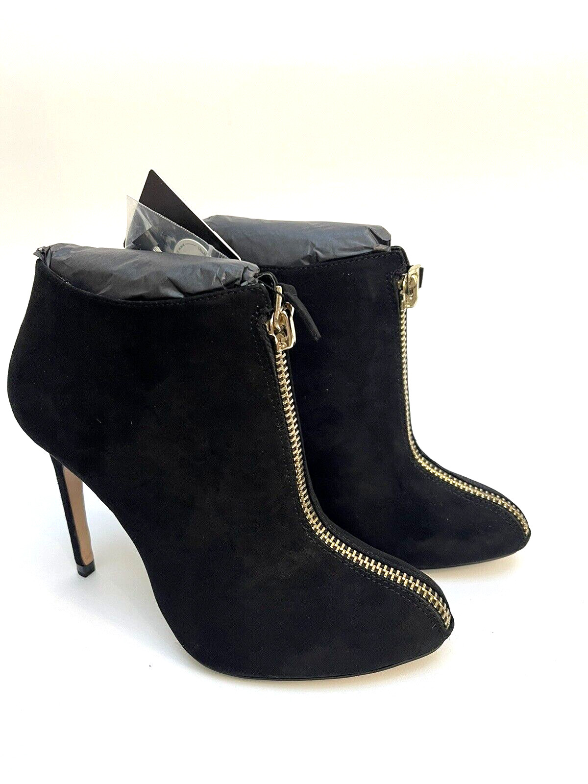 Zara Black Faux Suede Ankle Boots High Heel Gold Zip UK5 EUR38 US7.5 Ref6102 301