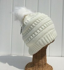 New Winter Ski Thick Knit Warm Lined Faux fur Pom Stretchy Beanie hat Cream G
