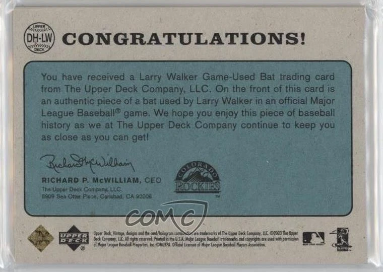 2003 Upper Deck Vintage Dropping the Hammer Gold /100 Larry Walker #DH-LW HOF - Image 2 of 2