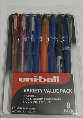 Uni-Ball Variety Value 8er Pack Fine & Medium Rollerballs Liquid Ink & Gel Ink 