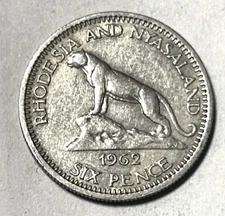Rhodesia & Nyasaland - Elizabeth II, Cu-Ni Six Pence, 1962, Combined Shipping