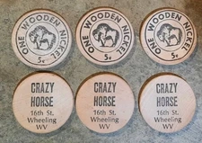 Lot of 6 Vintage Crazy Horse Wheeling, WV Wooden Nickel Token West Virginia NOS