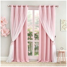 Pink Blackout Curtains with Sheer Overlay, 2 Panels, Thermal Insulated  Soun...