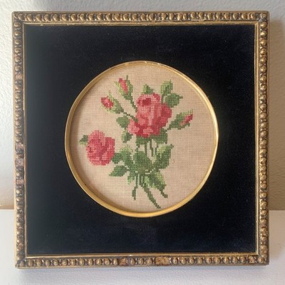 Vintage Floral Cross-Stitch Petite Point Rose Gold Velvet Square Frame 7.5''