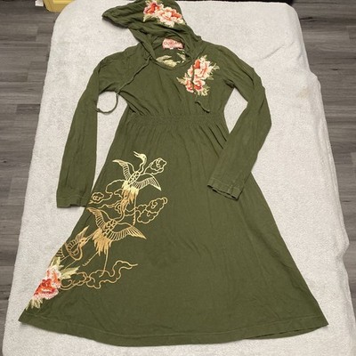 johnny was green dress JWLA Johnny Was Hooded Dress XS Green Floral Crane Embroidered Boho