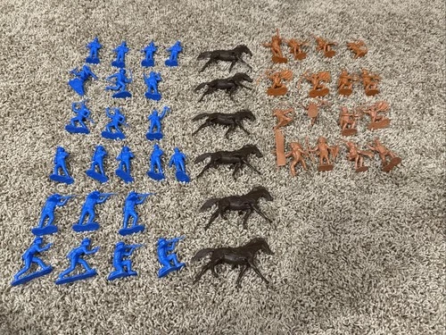 Lot Of 22 Cowboy, 16 Indians 2”-3” Vintage Plastic Figures + 6 Brown Horses