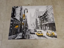 Oil On Canvas 16x20 City Street Taxi Skyscrapers Stop Light Rainy Impressionism