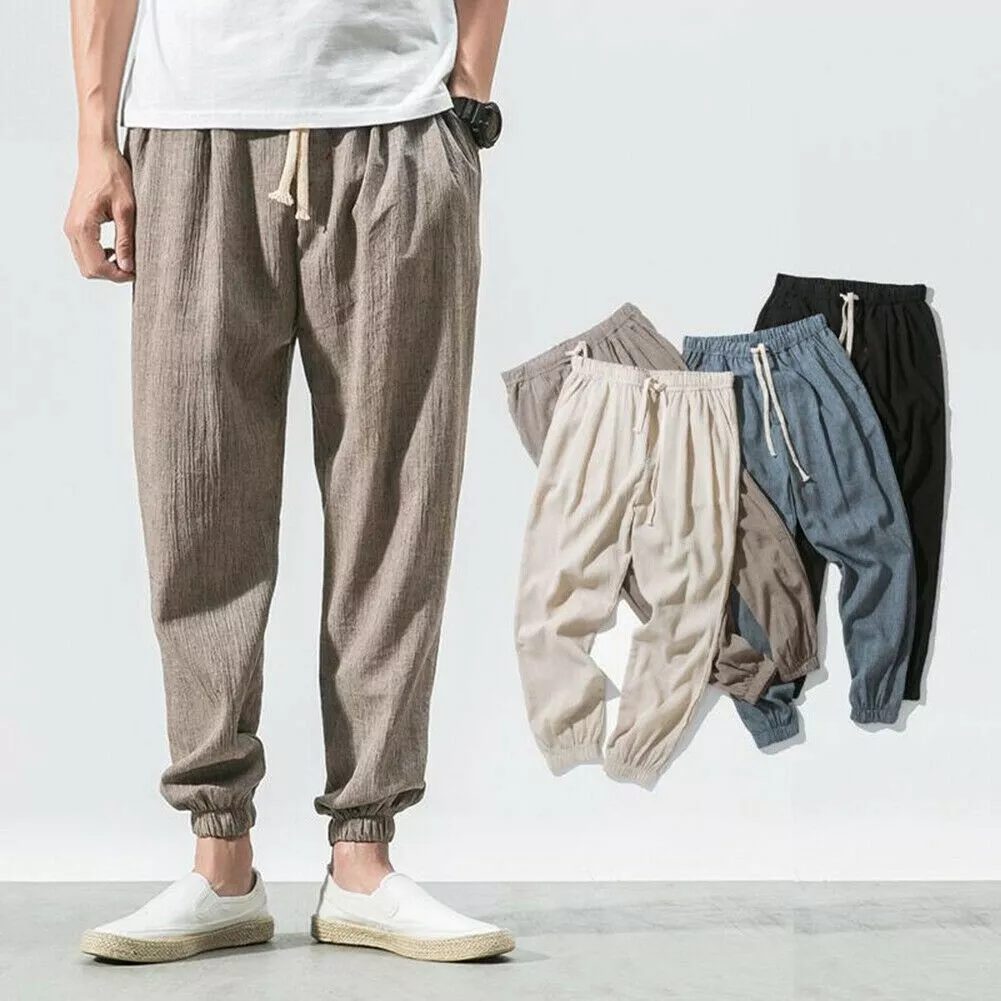 Mens Linen Drawstring Tapered Baggy Pants Elastic Waist Joggers Trousers  Grey