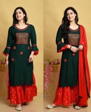 Green  Red Women's Indian Straight Kurta with Palazzo Sharara  Dupatta Set