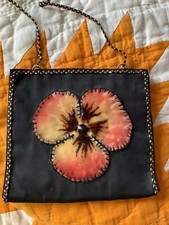 Vintage Antique 1800 s Victorian Silk Velvet Pansy Facetted Center Stone Purse