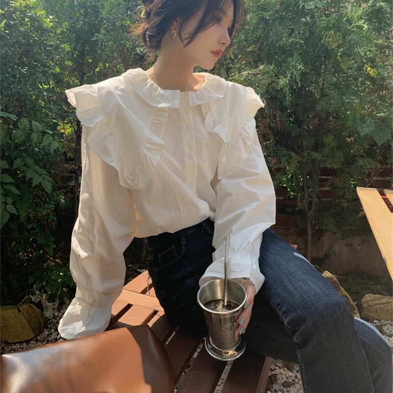 Japanese women Mori girl white doll collar ruffle blouse long