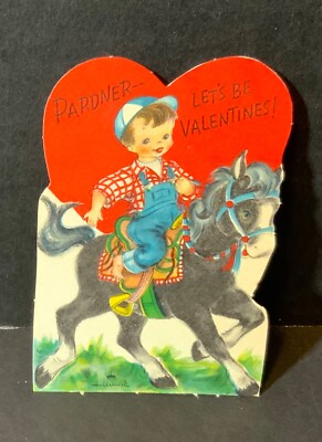 VTG DieCut Hallmark Valentine Card Boy Riding Black Horse  Pardner Let s Be V 
