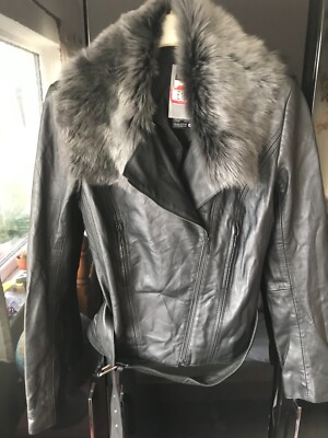 Autograph M&S luxury real soft black leather biker jacket fur collar