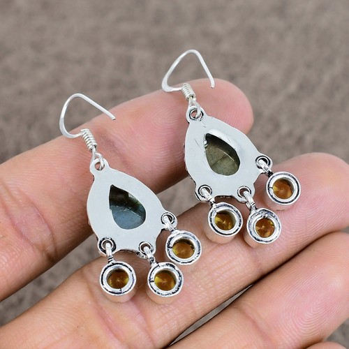 Labradorite, Citrine Gemstone Dangle 925 Sterling Silver Jewelry Earring - Picture 4 of 4