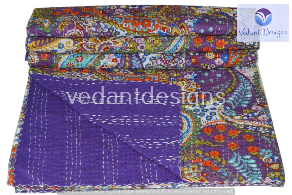 Colcha reversible de algodón doble hecha a mano india de cachemira Kantha edredón Foto 3 de 4
