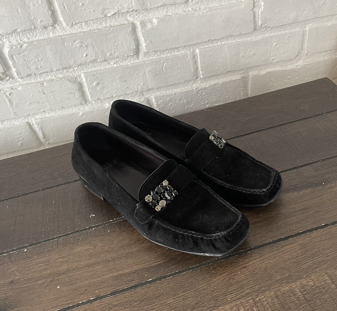 Stuart Weitzman Slip On Shoes Rhinestone Jeweled Women Suede Black  Loafers