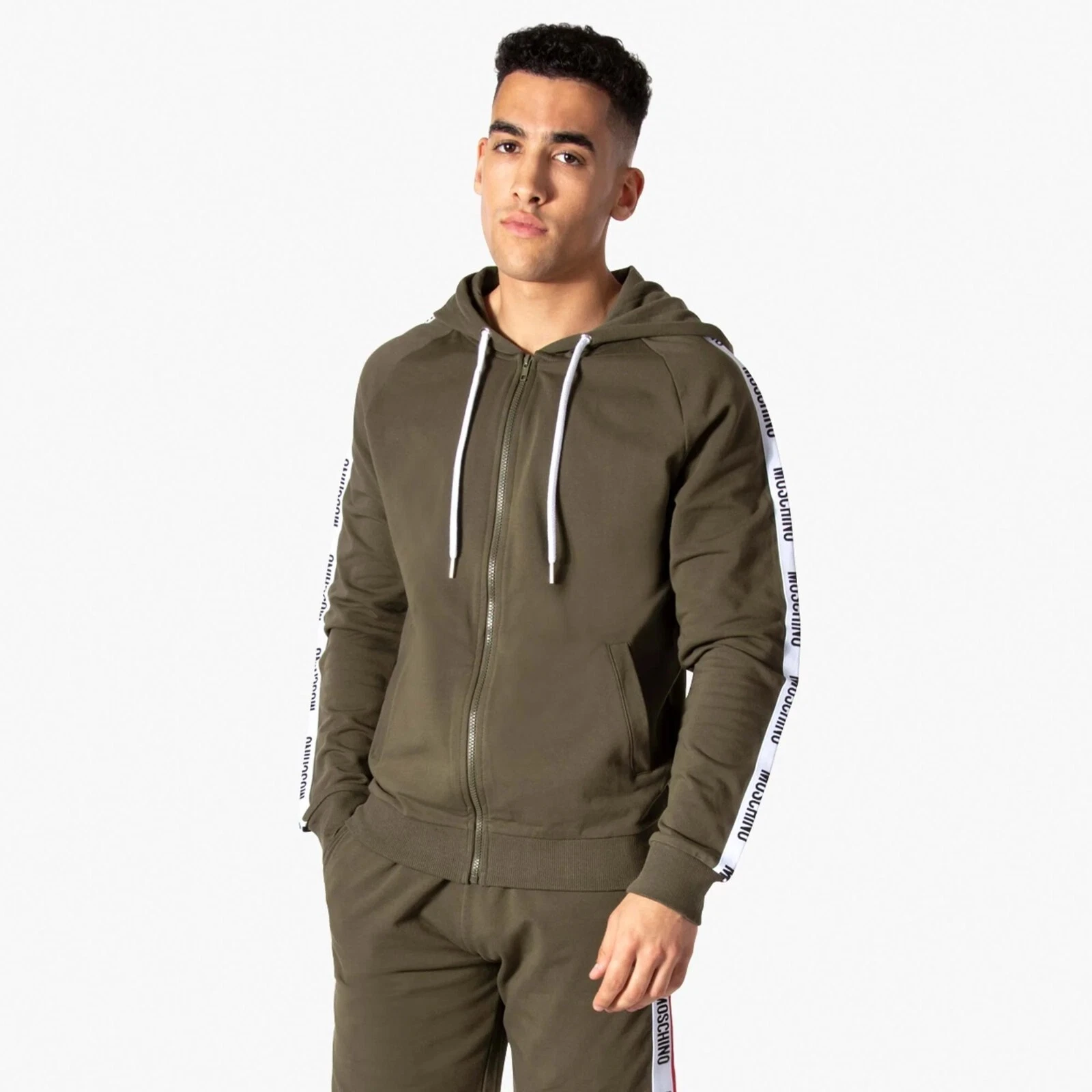 Felpa con cappuccio e zip Moschino Tape Logo colore verde taglia S prezzo consigliato £275