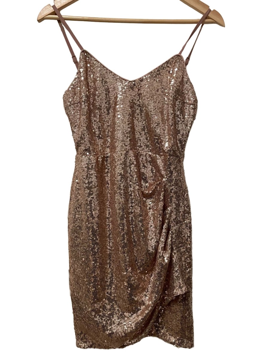 Lulus rose gold strappy Sequin fitted bodycon wrap style cocktail dress  size XS