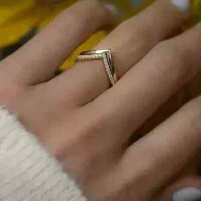 Certified Solid 10K Yellow Gold 1Ct Round Moissanite Wedding ''V'' Shape Band Ring