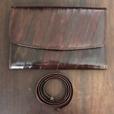 VTG 80s Eel Skin Leather Handbag Removable Shoulder Strap Clutch Purse Burgundy