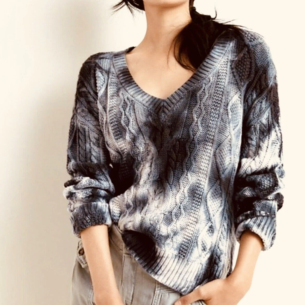 Anthropologie Pilcro Joni Blue Gray Tie Dye Cable Knit V Neck Sweater LARGE  | eBay
