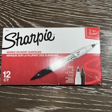 Sharpie Permanent Twin Tip Fine & Ultra Fine Pt  Black Markers New Box Of 12