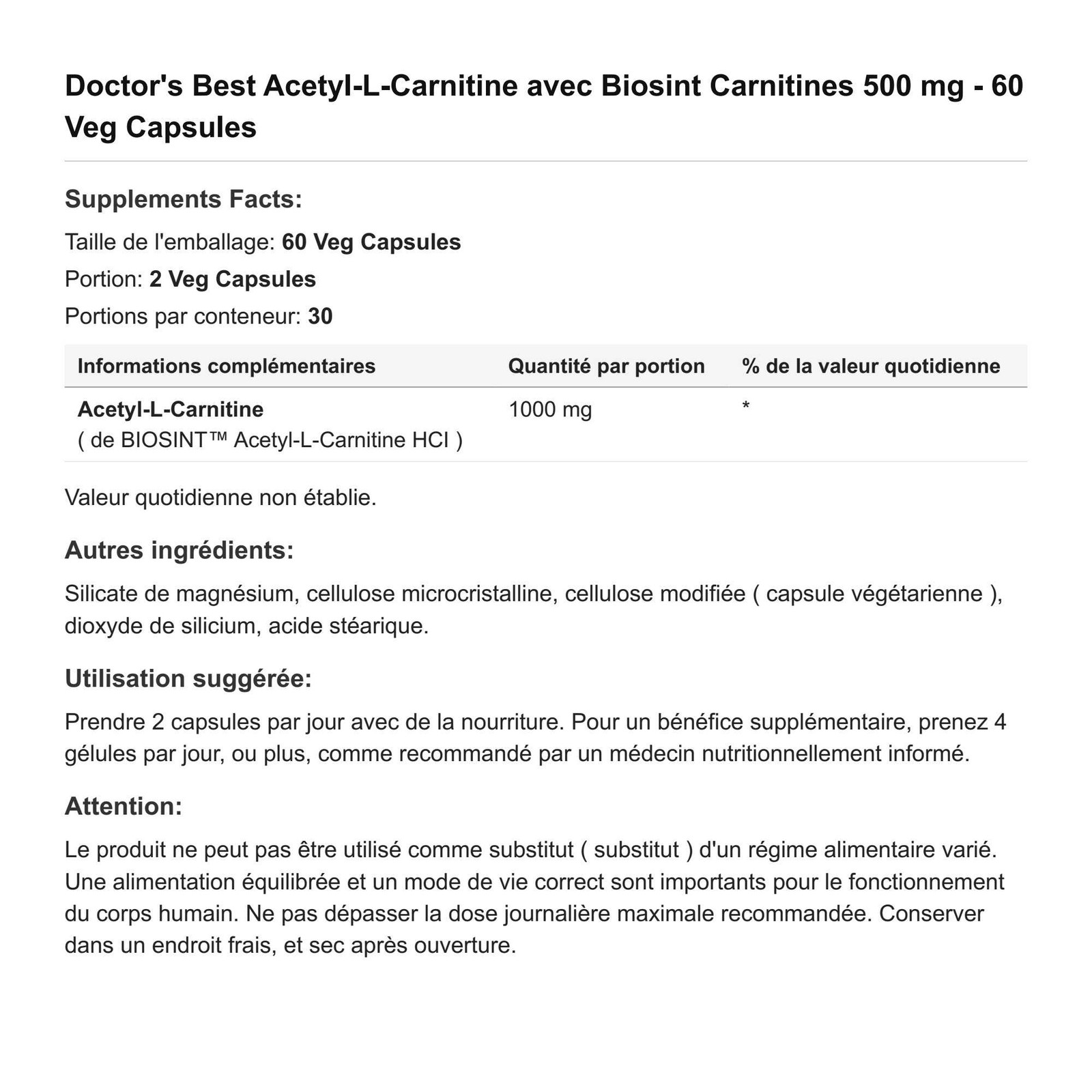 Acetyl L-Carnitine Biosint Doctor's Best 500 mg 60 capsules pour la vitalite