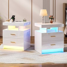 Nightstand Set of 2 with Charging Station, Smart Bedside Tablefor BedroomWhite