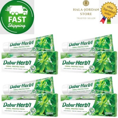 4er Pack X Dabur Herbal Natural Mundschutz Basilikum Zahnpasta GRATIS Zahnbürste