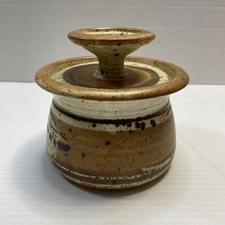 Handmade Stoneware Pottery Butter Bell Crock Browns Glazed Unglazed Signed - NEW