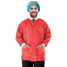 Red Disposable Lab Jackets Snap Front Knit Cuffs 3 Pockets 10 Pack Large