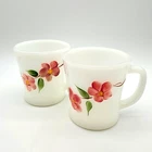Vintage Fire King Anchor Hocking Milk Glass Pink Floral Coffee Mugs Pair USA