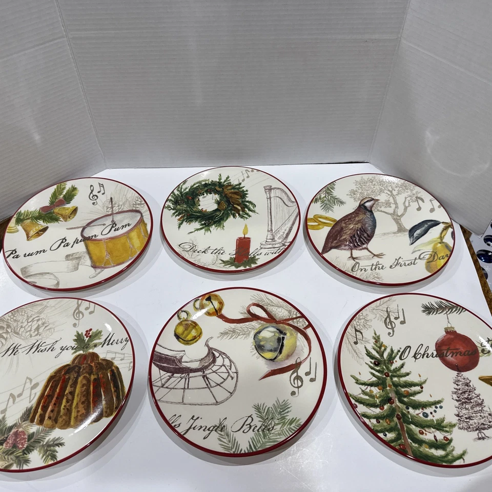 Juego de 6 platos de ensalada de postre William Sonoma CHRISTMAS VILLANCICOS en caja Foto 2 de 4