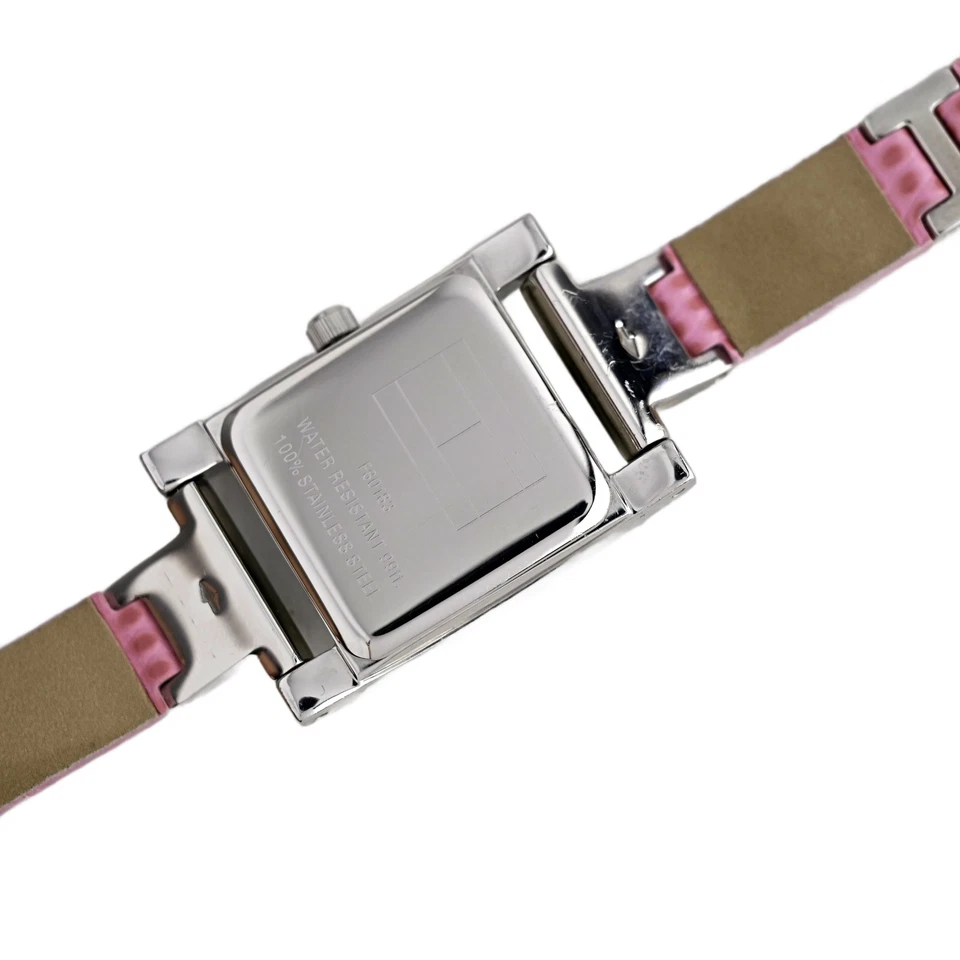 Reloj Tommy Hilfiger para mujer plateado rectangular esfera blanca correa de cuero rosa Foto 3 de 4