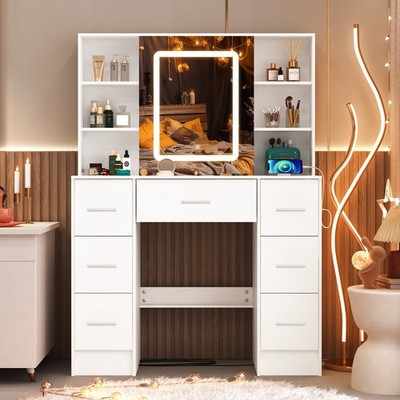 Large Vanity Makeup Desk Dressing Table W/LED Lighted Mirror and 7 Drawers,White