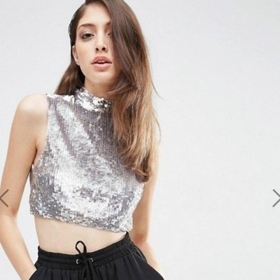 ASOS Sequin High Neck Crop Top Women's 8 Silver Disco Zipper Party Going Out