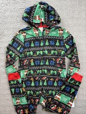 Cat  Jack One Piece Pajamas Boys XS 4/5 Black Gamer Fair Isle Fleece Hooded