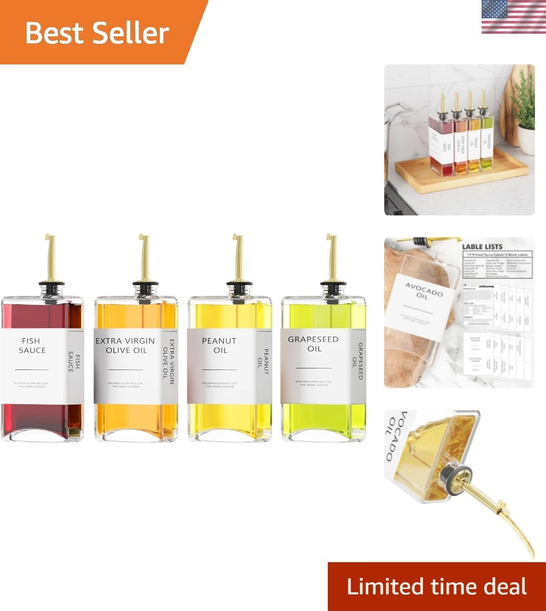 Kitchen Cooking Oil Dispenser Set, Olive Oil & Vinegar Bottles, Soy Sauce Dis...