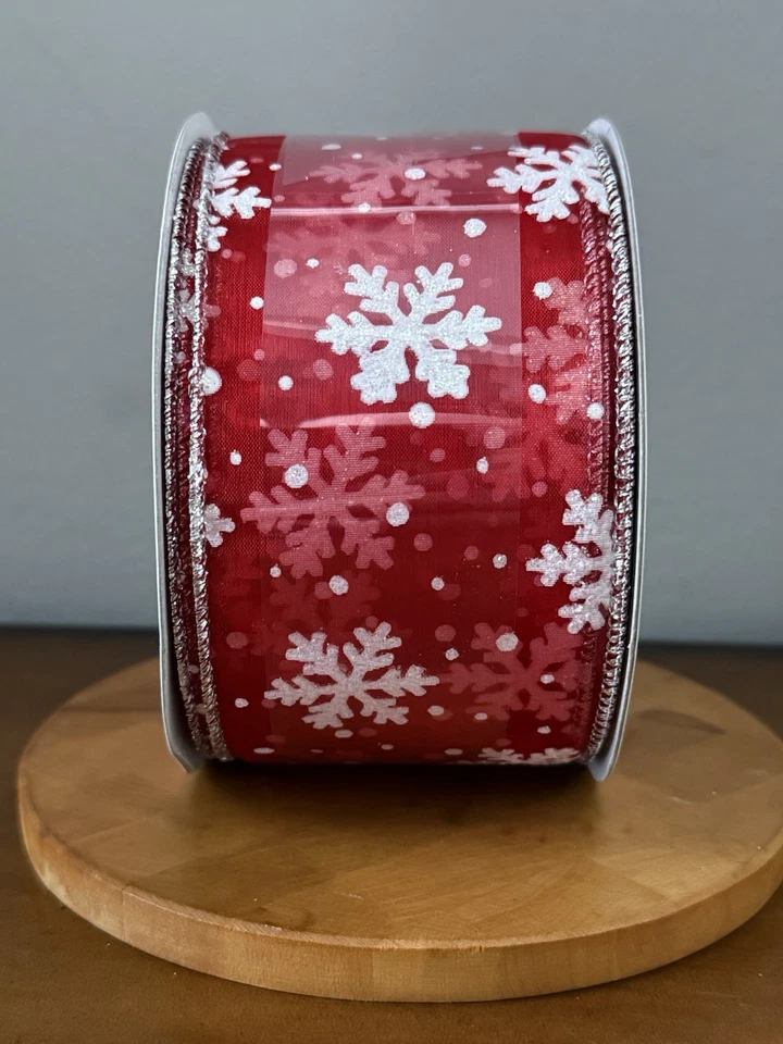 VTG Celebrate It Wired Christmas Ribbon Glitter Red & White  Snowflake w/ Silver - Image 2 of 4