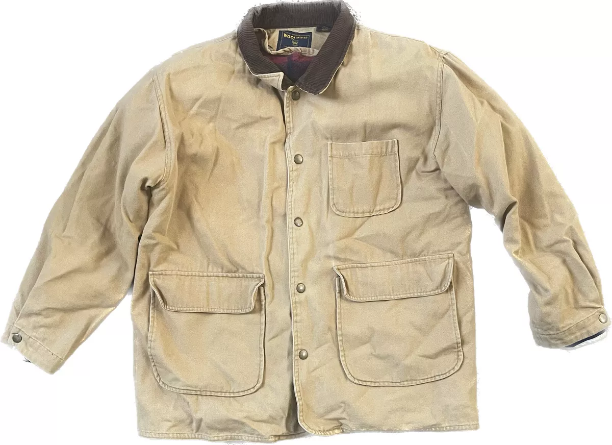 Woolrich Work Chore Canvas Plaid Liner Lined Medium Khaki Canvas Jacket