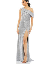 Mac Duggal ONE-SHOULDER RUCHED SEQUINED GOWN LONG GREY SIZE 14 26550