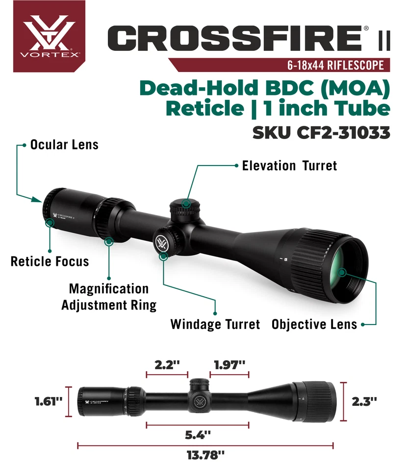 Mira para rifle Vortex Optics Crossfire II 6-18x44 AO Dead-Hold BDC con paquete de anillos H Foto 4 de 4