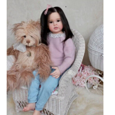 30'' Finished Reborn Baby Puppe Girl Toddler Black Long Hair Rooted Handmade Gift