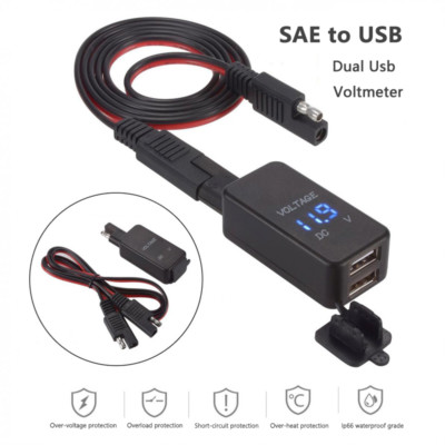 12V Motorcycle SAE to USB Dual Port Charger Cable Adapter Inline Fuse Waterproof